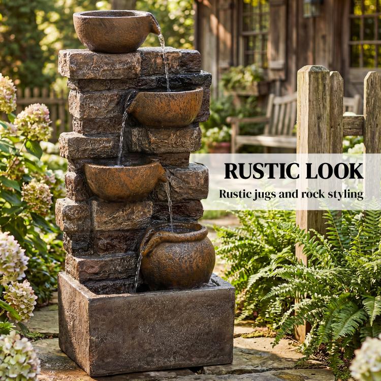 Rustic tiered jug fountain with flowing water and warm LED illumination