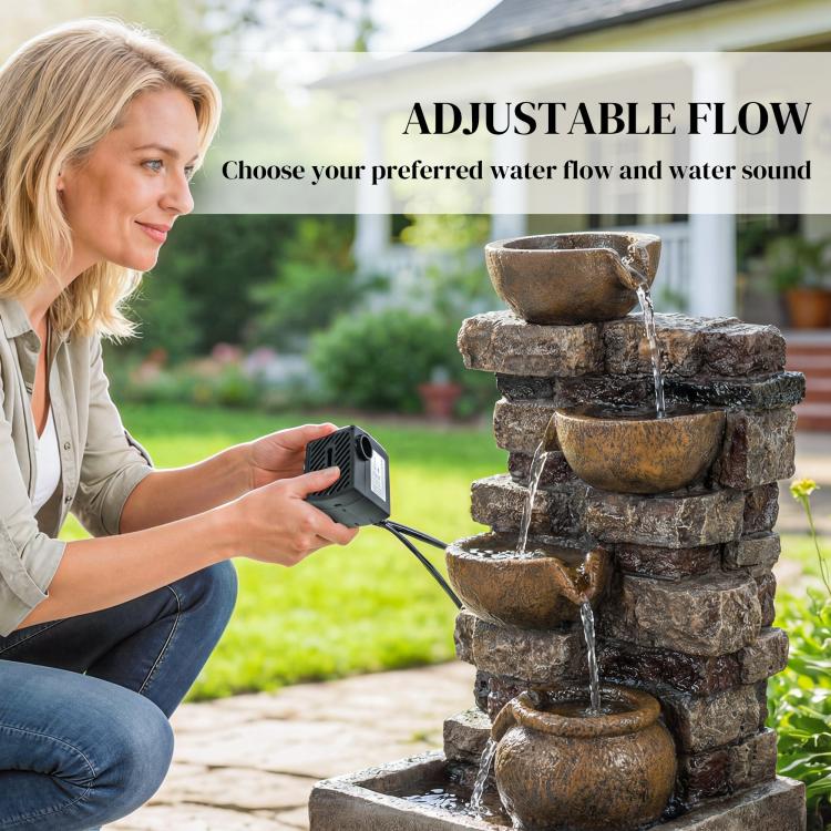 Tiered jug fountain with adjustable water stream and warm LED lighting