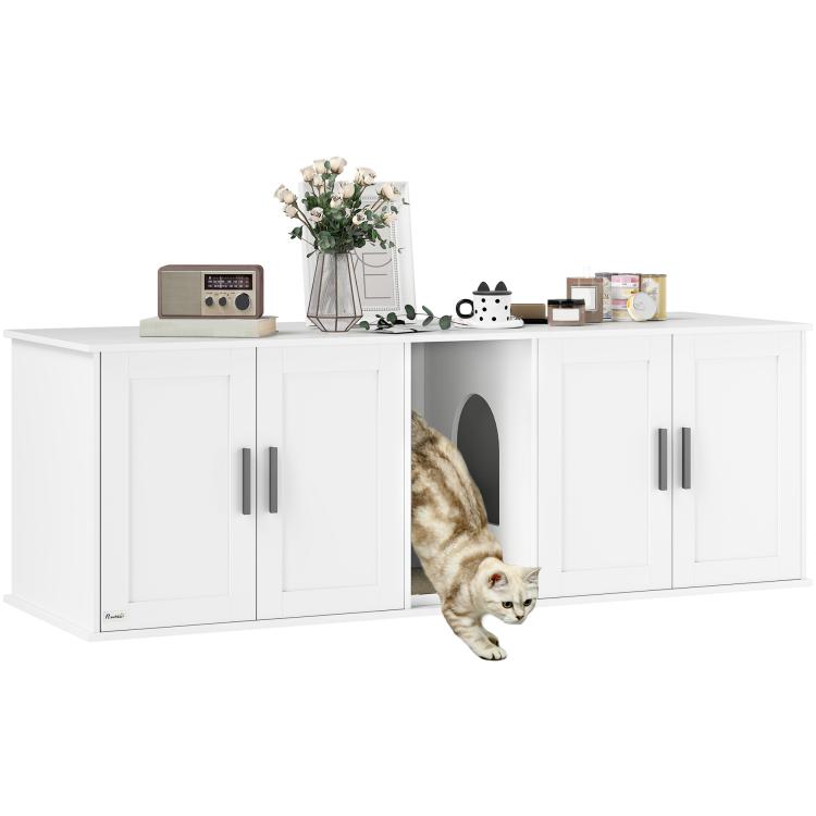 White double-room cat litter box enclosure with front doorway and cat, covered cabinet