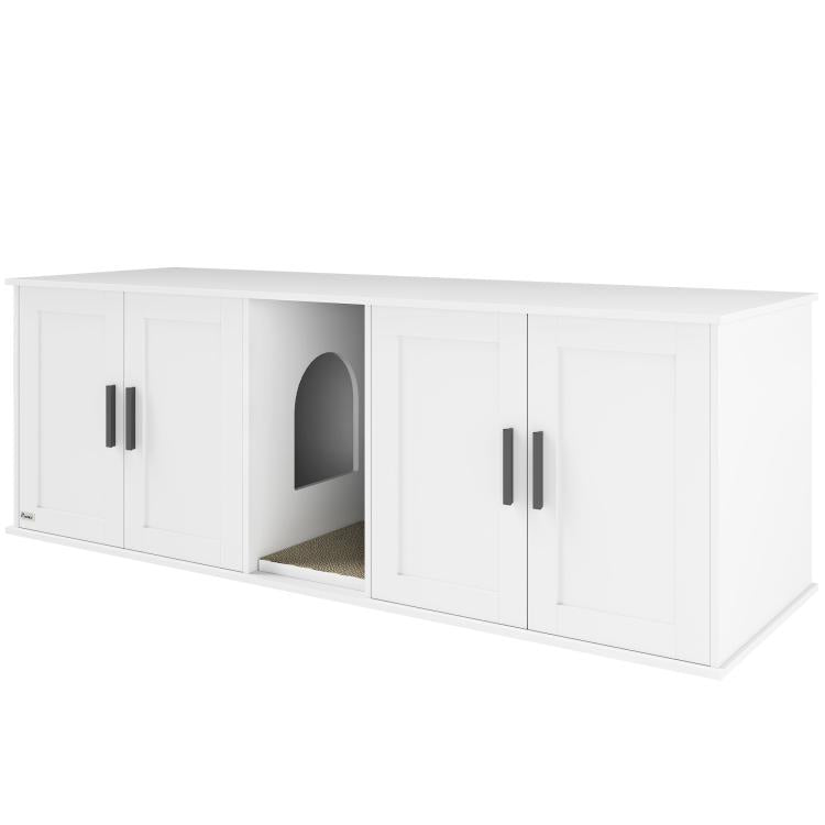 White cat litter box enclosure side view with arched door opening and cabinet handles