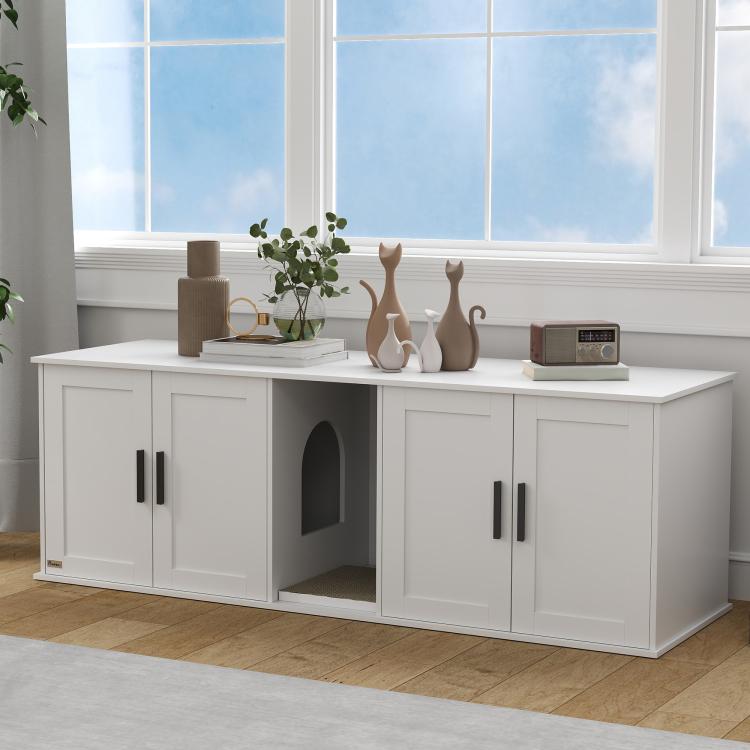 White cat litter box enclosure cabinet with central arched opening and twin side doors