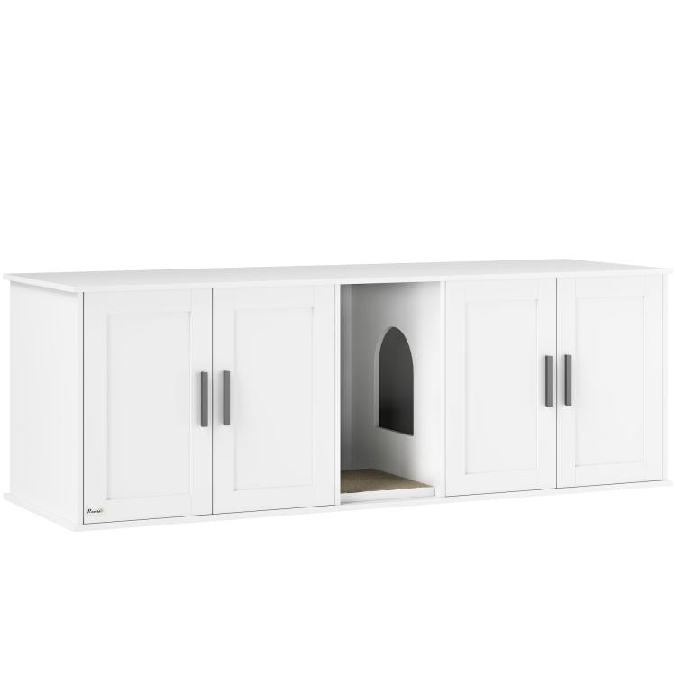White cat litter box enclosure with central entry window and side cabinet doors
