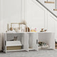 White double-room cat litter box enclosure with open front doors and cats inside