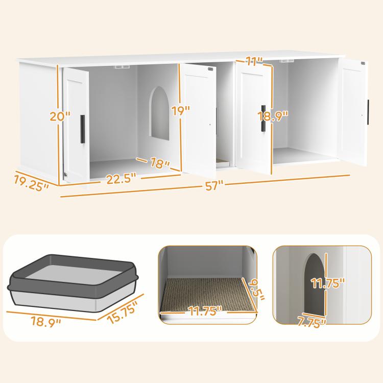 White double-room cat litter box enclosure, size diagram with scratching board and mat