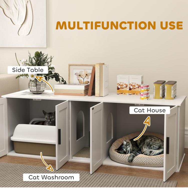 White cat litter box enclosure with tabletop and two lower compartments with door openings