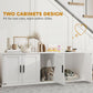 White double-room cat litter box enclosure with two front compartments and two cats inside