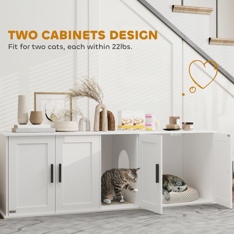 White double-room cat litter box enclosure with two front compartments and two cats inside