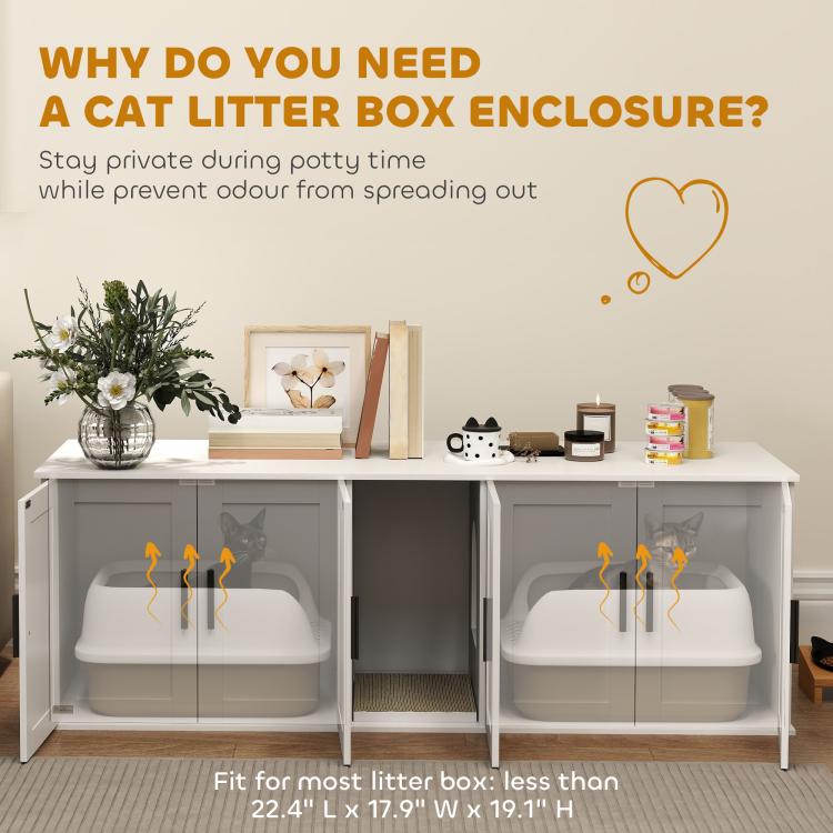 White double-room cat litter box enclosure with two covered litter boxes behind doors