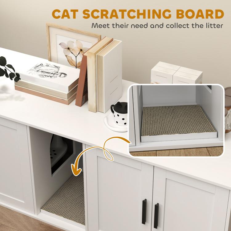 White cat litter box enclosure with top scratching board and textured litter mat inside