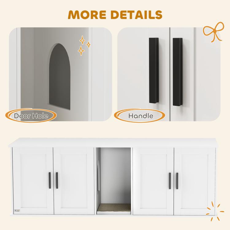 White cat litter box enclosure with arched door openings and black bar handles