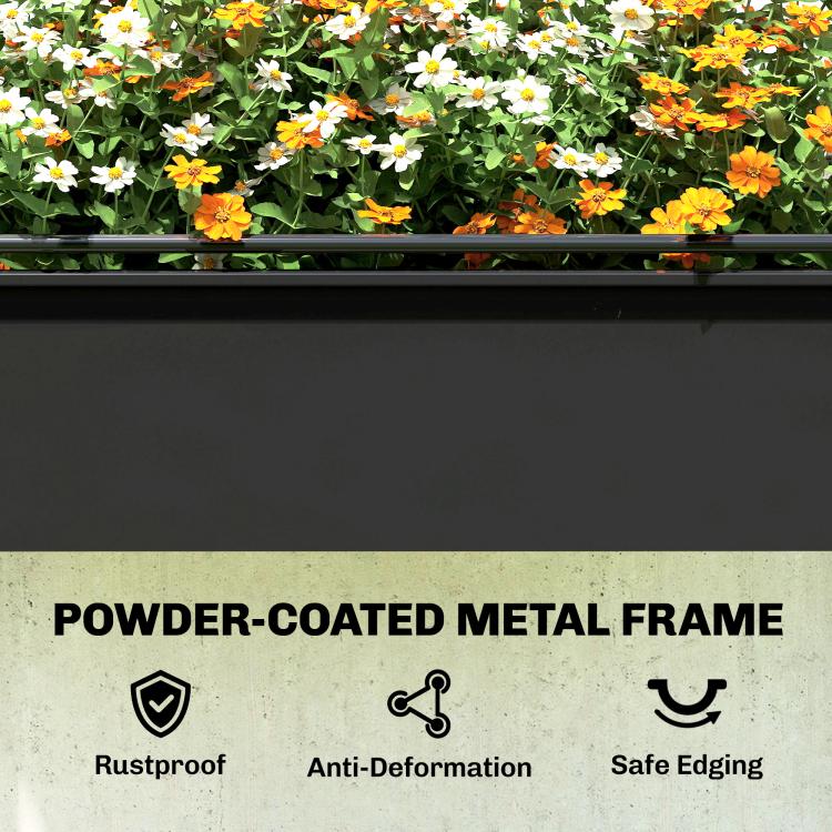 Black powder-coated metal raised garden bed frame with drainage-ready base