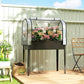 Black raised garden bed greenhouse cover with two front flip side panels and plants inside