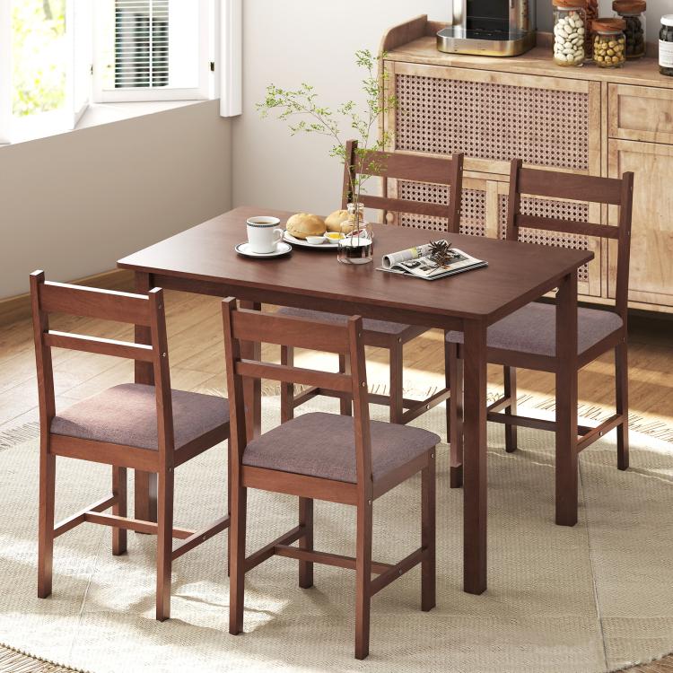 Light brown dining table set with 4 upholstered chairs, farmhouse style