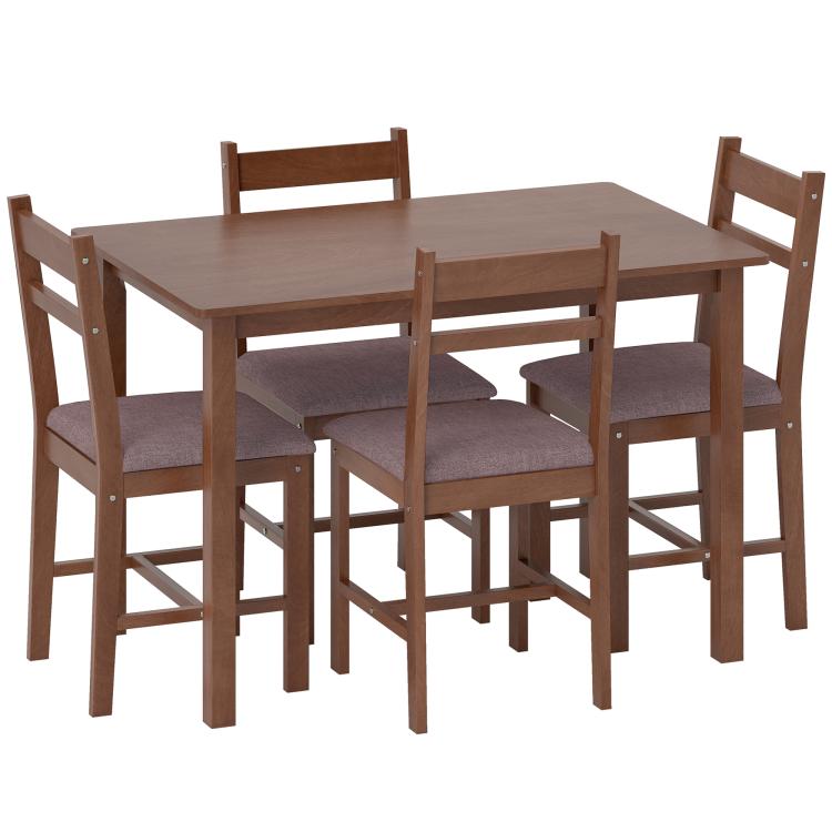 Light brown dining table set with four upholstered chairs, square tabletop view