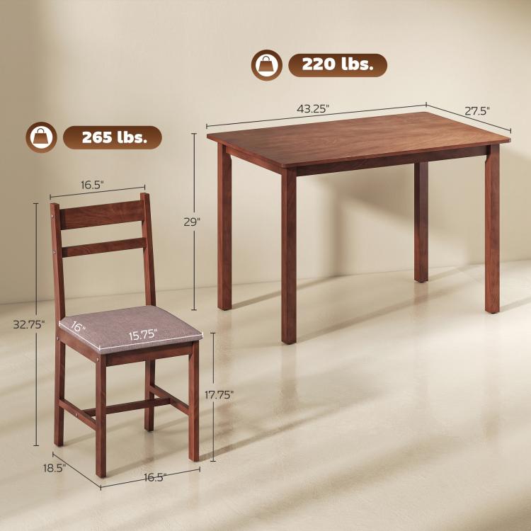 Light brown dining table and upholstered chair size chart layout