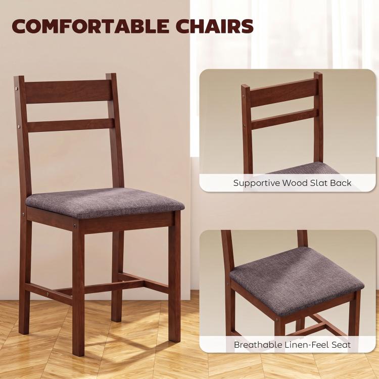 Upholstered dining chairs with wood frame, slat backrests and cushioned seats