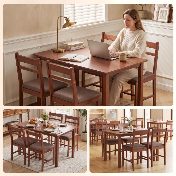 Light brown dining table with four upholstered chairs, used for casual meals