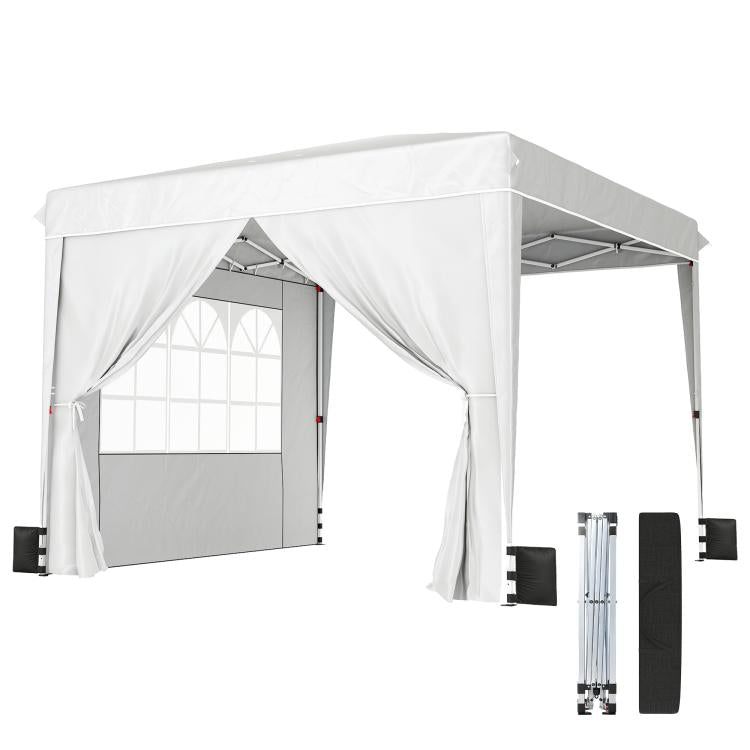White pop-up canopy tent with sidewalls, open front and draped curtains
