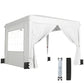 White pop-up canopy tent with sidewalls, open doorway and hanging curtains