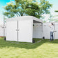 White pop-up canopy tent with sidewalls, showing frame and size dimensions