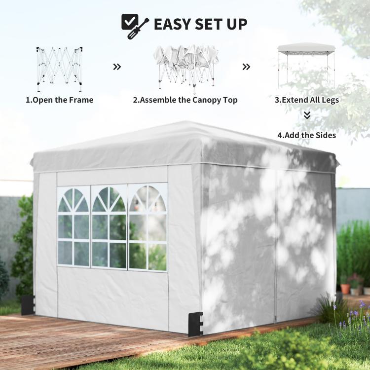 White pop-up canopy tent with sidewalls on deck, fully assembled