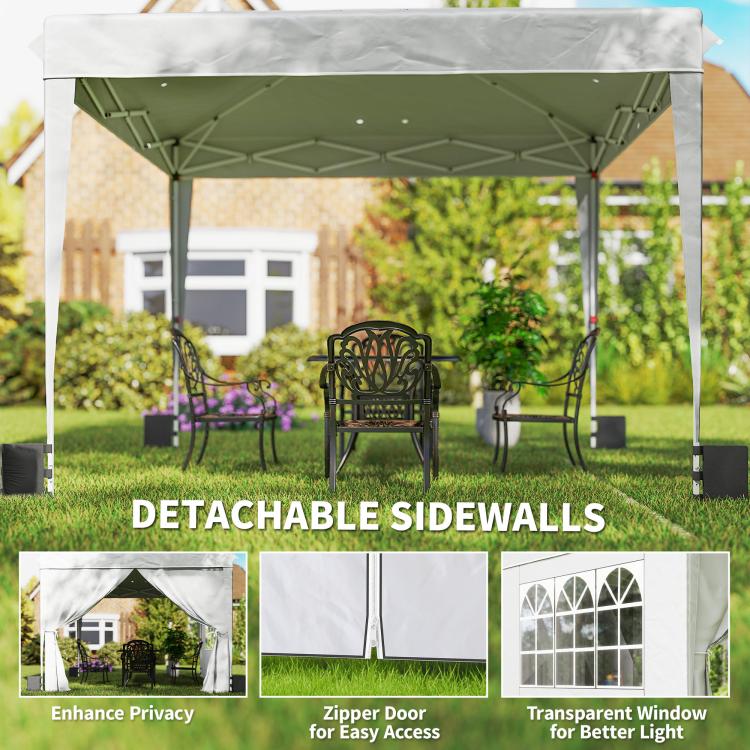 White pop-up canopy tent with detachable sidewalls, zipper door and window