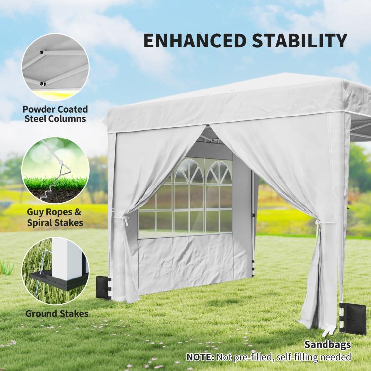 White pop-up canopy tent with sidewalls, stable base with stakes and sandbags