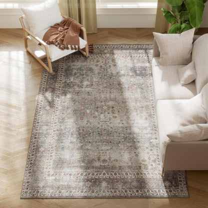 5x7 traditional area rug with dark mixed-brown distressed pattern, flat woven design