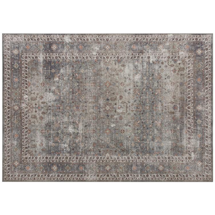 Traditional area rug with dark brown-gray distressed center and ornate border