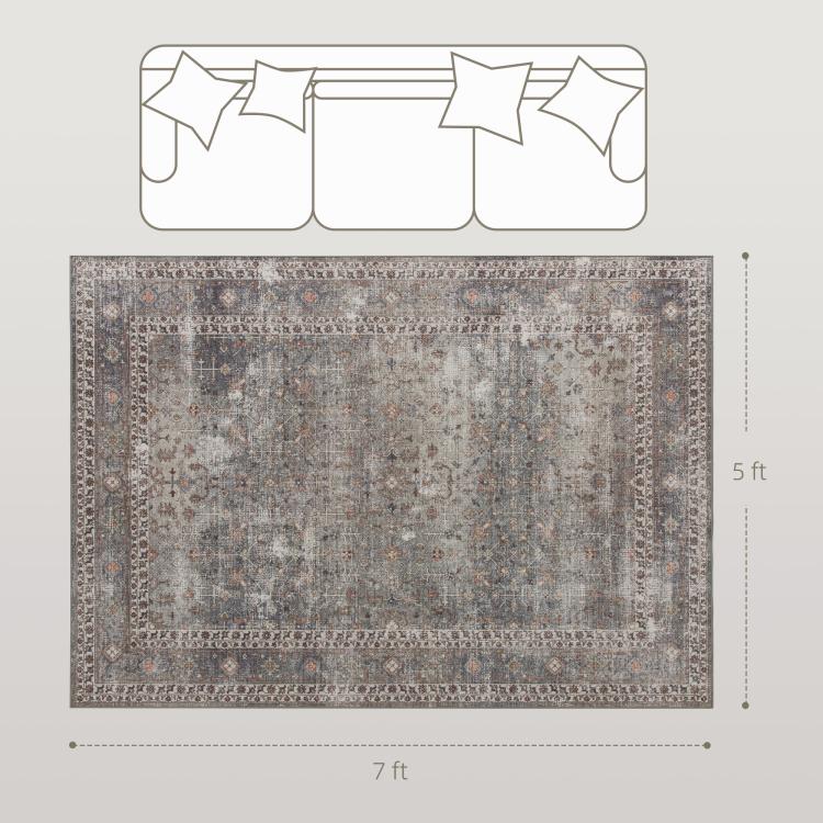 5 x 7 ft traditional area rug with distressed gray and brown pattern, flat top view