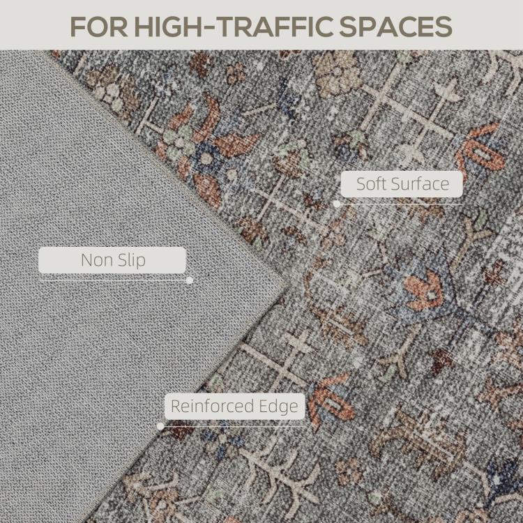 Rug corner with textured non-slip backing and reinforced edge, distressed gray-brown pattern