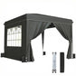 Black pop-up canopy tent with open side and attached curtains, plus folded frame parts