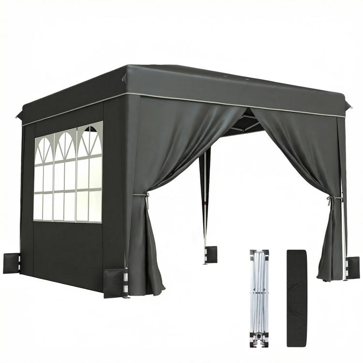 Black pop-up canopy tent with open side and attached curtains, plus folded frame parts