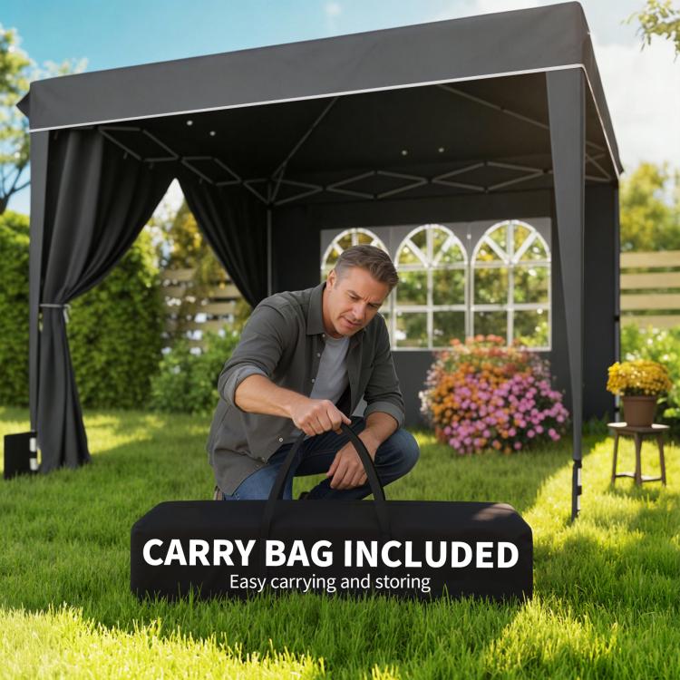 Black pop-up canopy tent with sidewalls and carry bag, open front entrance