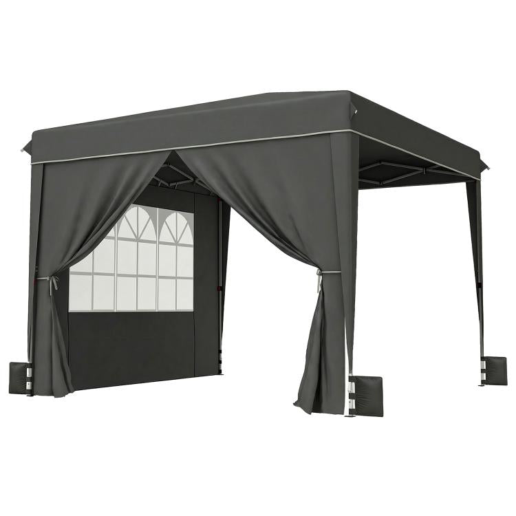 Black pop-up canopy tent with side curtains and front door panel