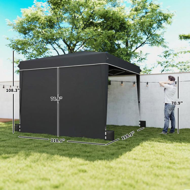 Black canopy tent with sidewalls showing length and width measurement lines