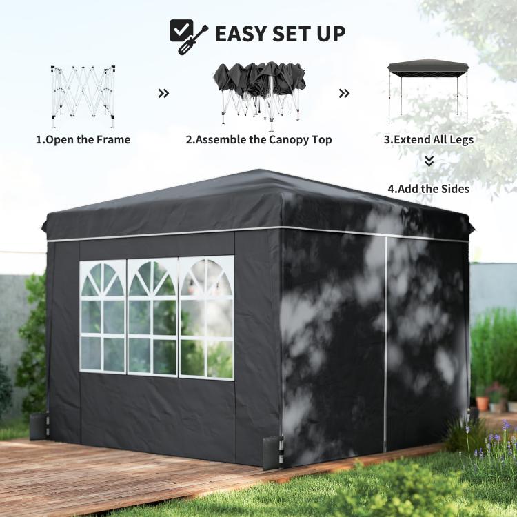 Black pop-up canopy tent with window side and step-by-step setup diagram