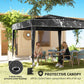 Black canopy tent shelter with protective canopy over outdoor patio seating area