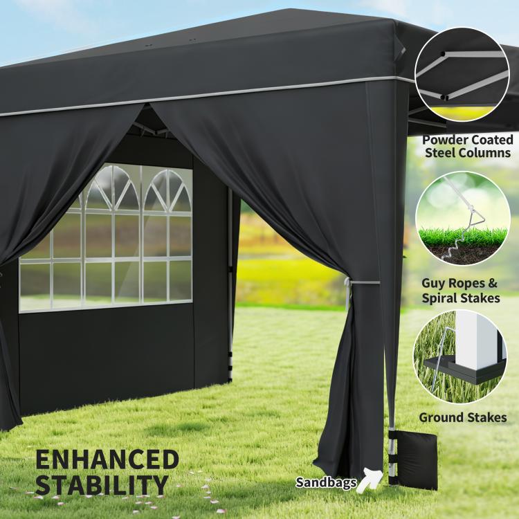 Black canopy tent with attached side curtains, window panel, and stability feature callouts