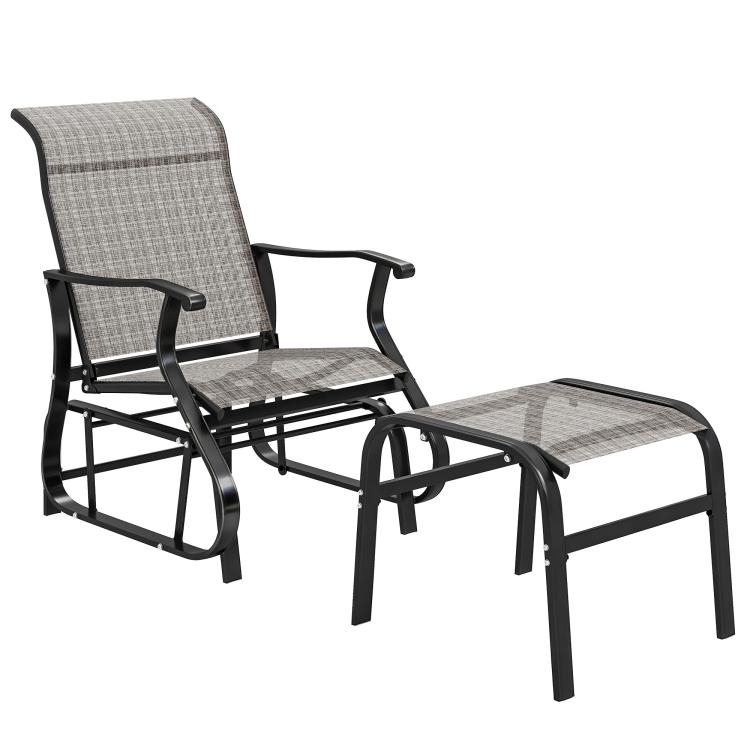 Gray patio glider chair and ottoman with textured fabric seat and dark metal frame