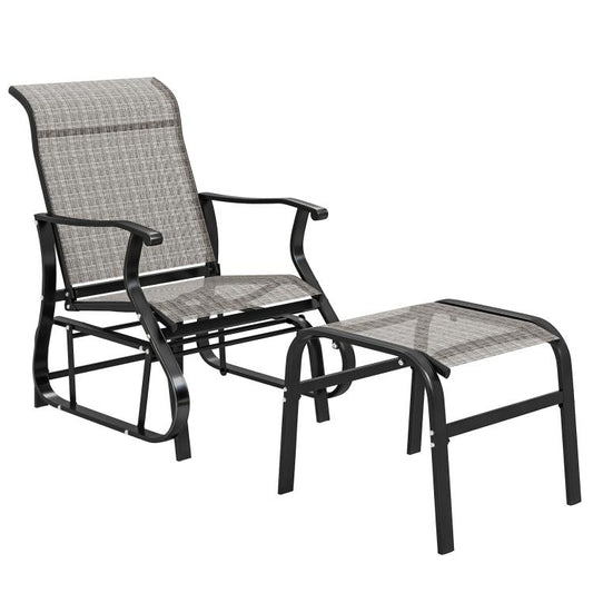 Gray patio glider chair with ottoman, wide seat and high back
