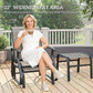 Gray patio glider chair with wide seat area and black armrests