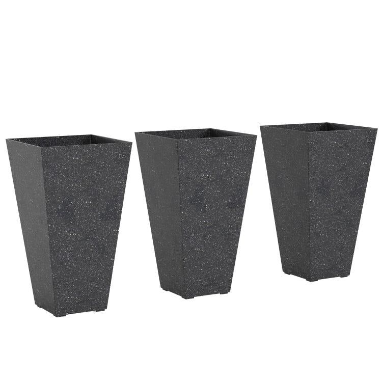 Three black marble-finish tapered planters, square top openings, stacked set look