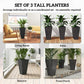 Set of 3 tall black planters shown in multiple outdoor and indoor arrangement scenes