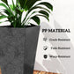 Close-up of black marble-finish tapered planter with PP material feature icons