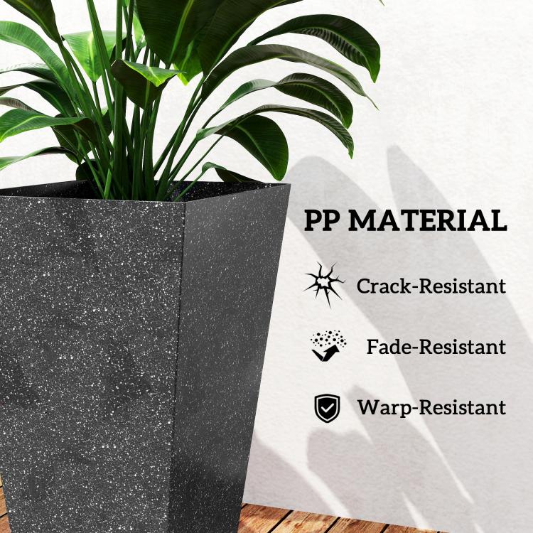 Close-up of black marble-finish tapered planter with PP material feature icons