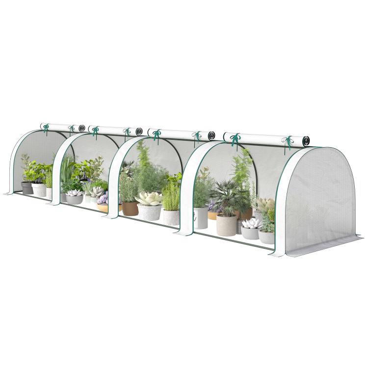 Portable mini greenhouse with arched frame and roll-up door panels in light gray