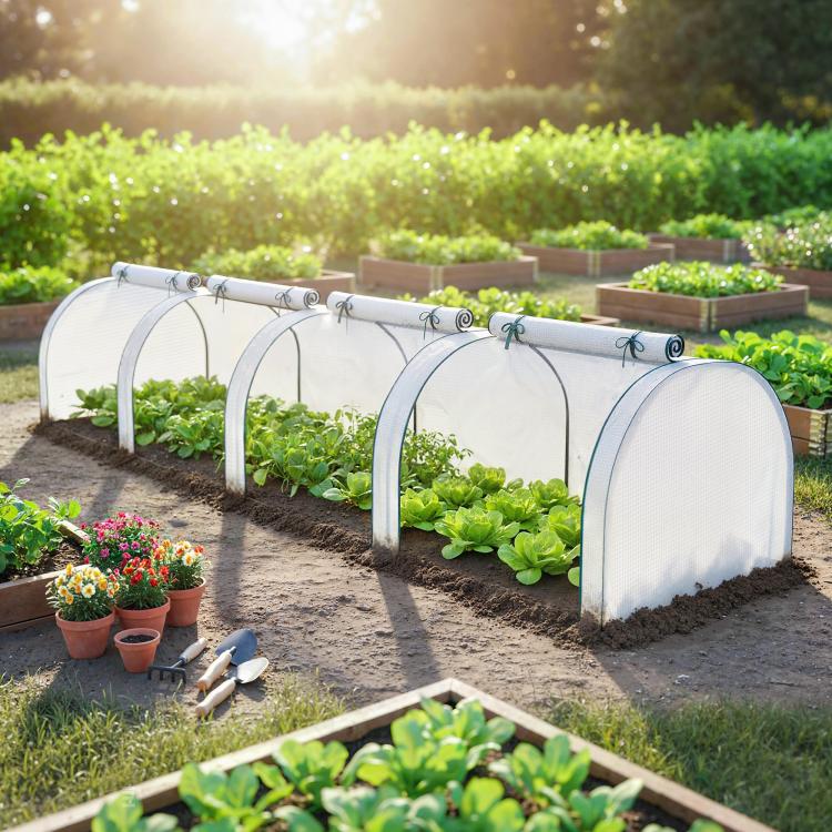 Mini greenhouse tunnel with white PE cover sheltering potted seedlings in rows