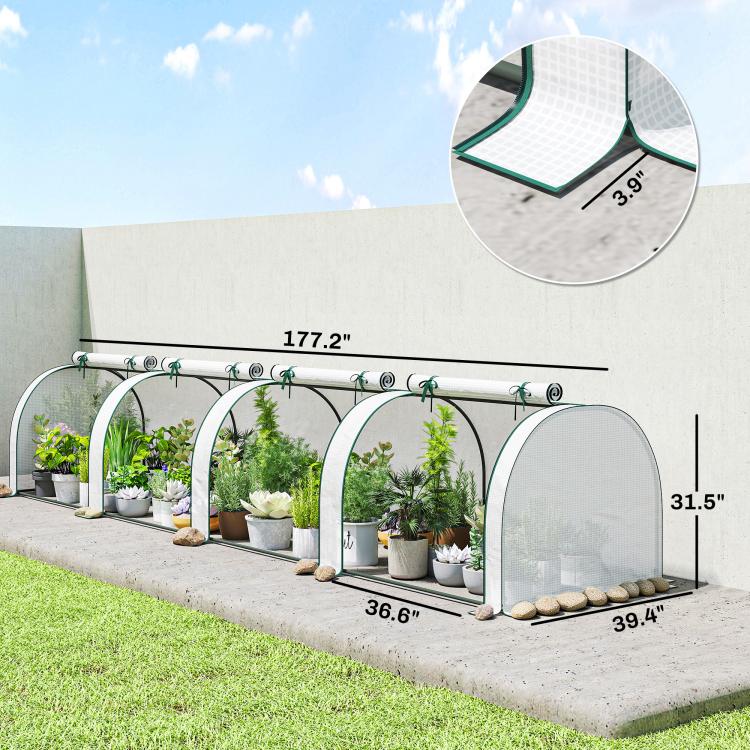 Portable mini greenhouse with arched frame and roll-up door panel on each end