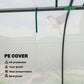PE cover close-up on a mini greenhouse door panel with arched window frame